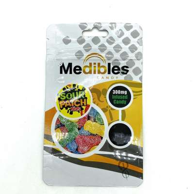 Eco friendly plastic packaging holographic mylar zipper pouches watermelon sour patch candy Medibles bags